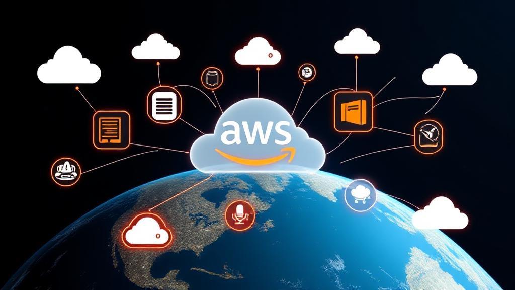 A dynamic cloudscape with digital icons representing various AWS services interconnected over a globe.