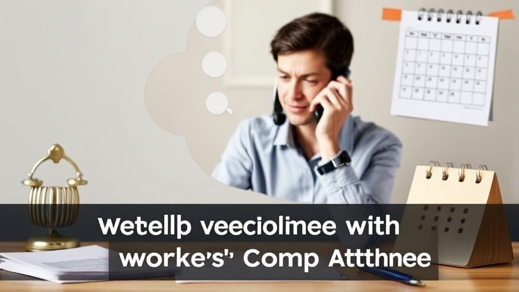 A thoughtful image of a person on the phone, surrounded by legal documents and a calendar, symbolizing regular communication with a workers' comp attorney.