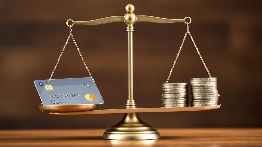 A balanced scale with a credit card on one side and a stack of coins on the other, symbolizing the pros and cons of credit card ownership.