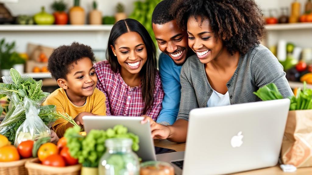 A diverse family happily shopping online using WIC benefits on a laptop, surrounded by healthy groceries.