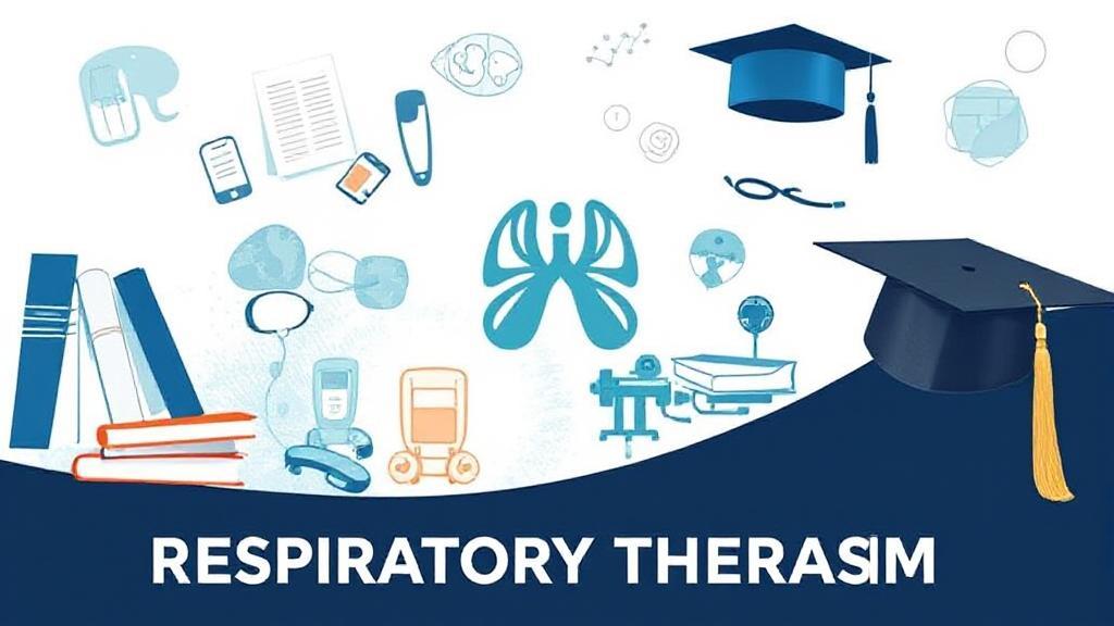 A dynamic collage illustrating the educational journey and career milestones of a respiratory therapist, featuring textbooks, medical equipment, and a graduation cap.