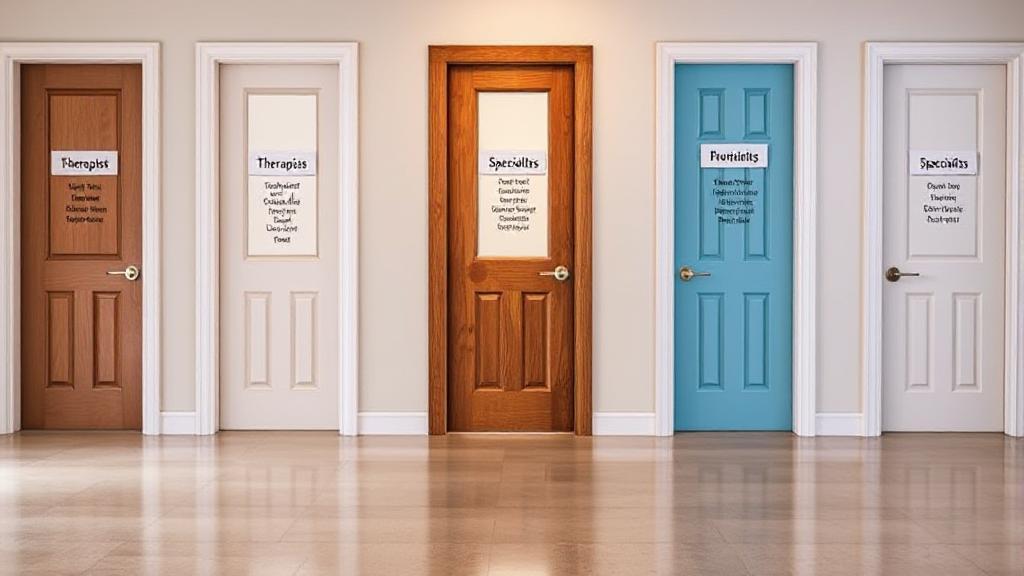 A serene image of a diverse group of therapists' office doors, each labeled with different specialties, inviting readers to explore their options.
