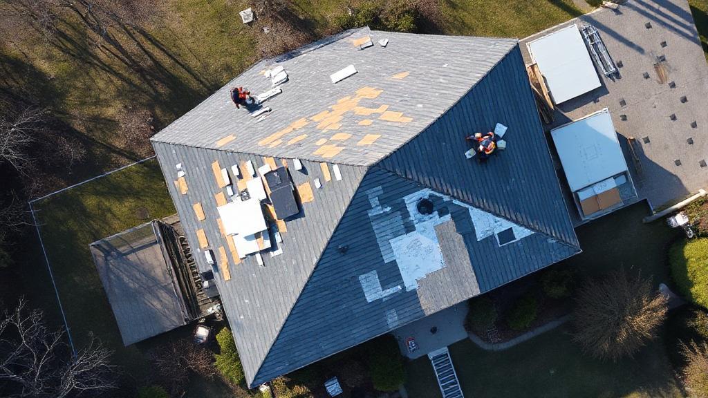 Aerial view of a house with a partially completed roof installation, showcasing workers and materials in action.