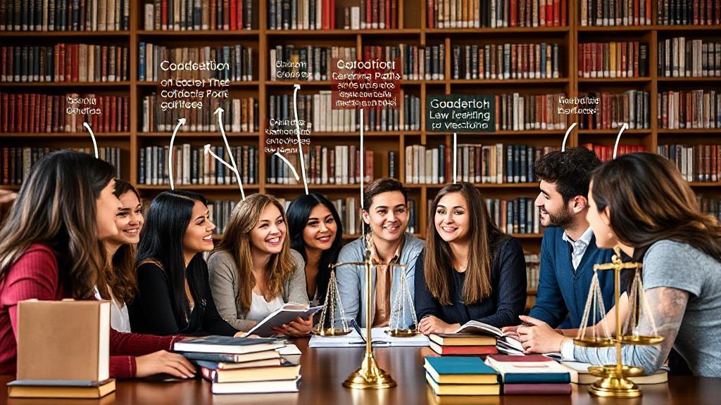 A diverse group of students engaged in a lively discussion, surrounded by law books and scales of justice, symbolizing various academic paths leading to a legal career.