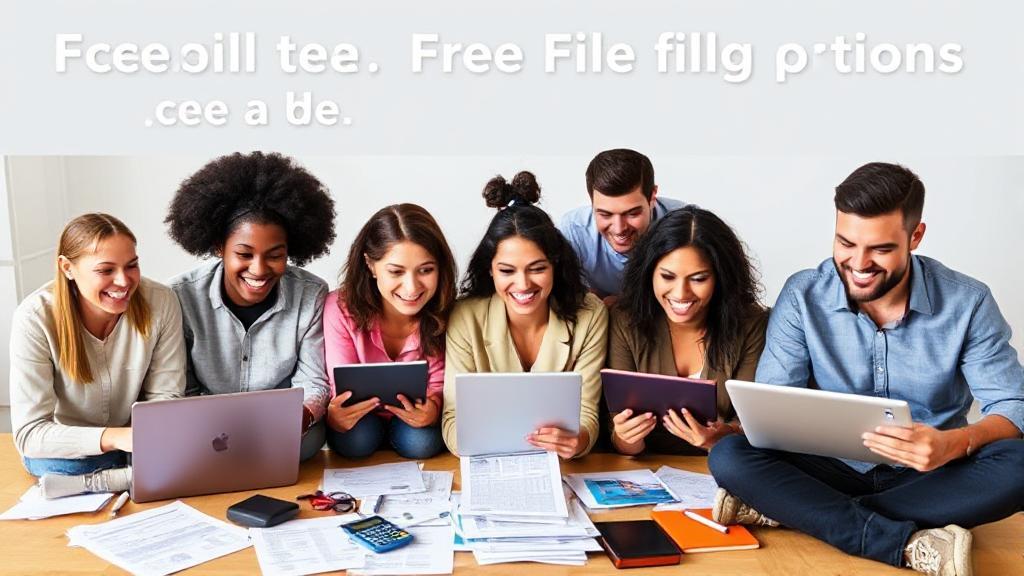 A diverse group of people happily working on laptops and tablets, surrounded by tax documents and calculators, symbolizing accessible and free tax filing options.