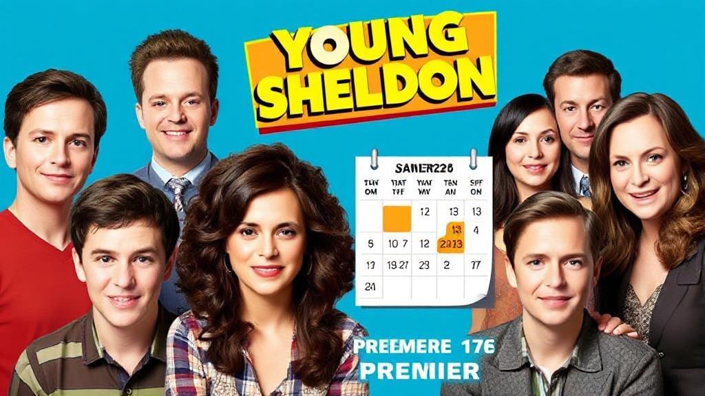 A vibrant collage featuring the Young Sheldon cast with a calendar marked for the upcoming season premiere date.