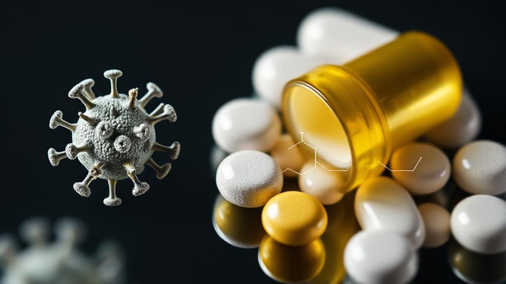 A close-up image of Paxlovid pills alongside a molecular diagram illustrating its mechanism of action against the COVID-19 virus.