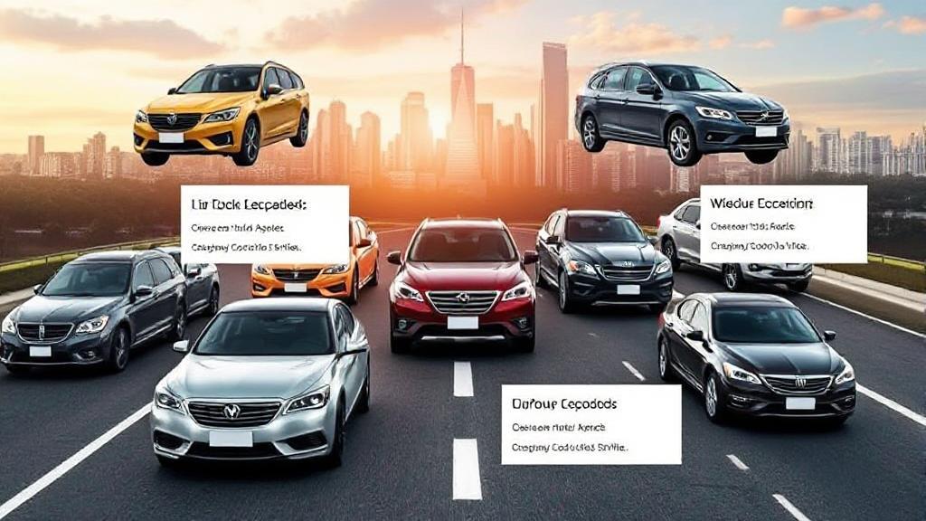 A collage of diverse vehicles on a road, each labeled with different car insurance options, set against a backdrop of a city skyline.
