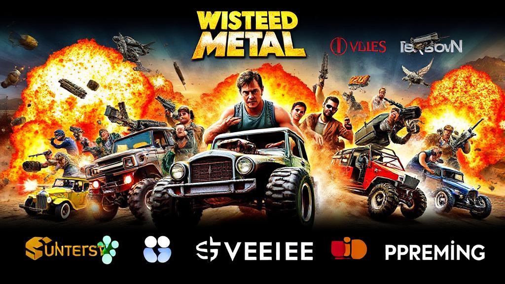 A dynamic collage featuring iconic vehicles and characters from the Twisted Metal series against a backdrop of explosive action and vibrant streaming platform logos.