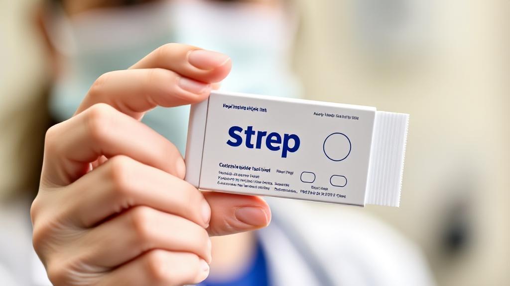 A close-up image of a medical professional holding a rapid strep test kit in a clinical setting.