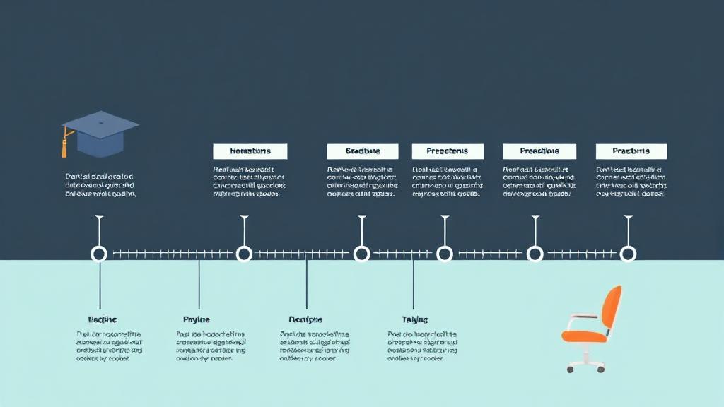 A header image depicting a timeline with key milestones in dental education and training, featuring symbols like a graduation cap, dental tools, and a dental chair.