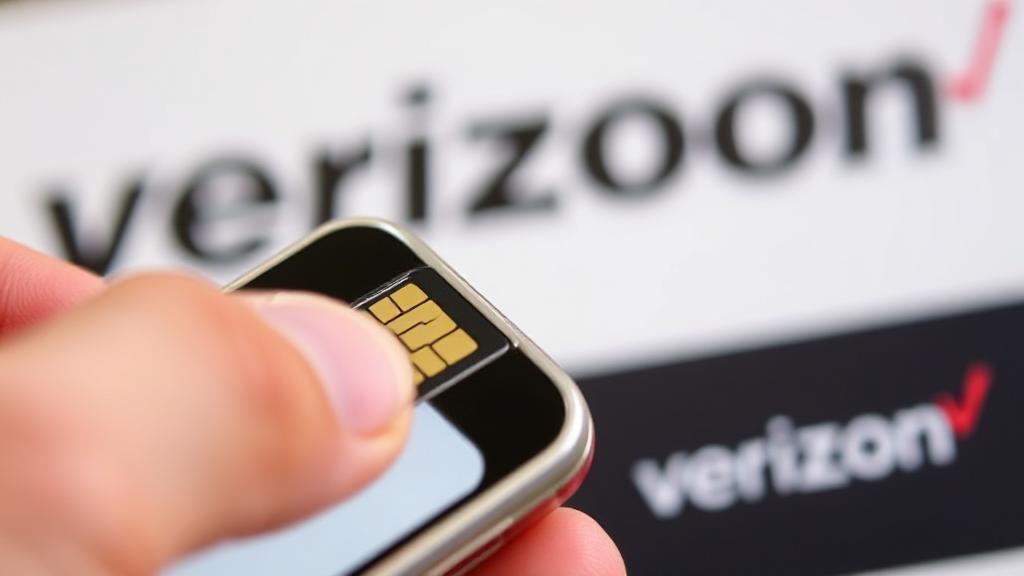 A close-up image of a person inserting a SIM card into a smartphone, with a Verizon logo visible in the background.
