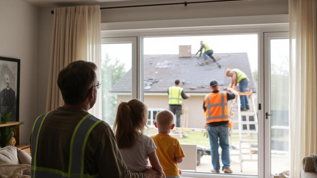 A family observes from their living room window as workers replace their roof, surrounded by safety equipment and construction materials.