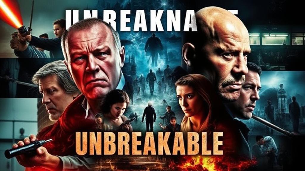 A dynamic collage featuring scenes from "Unbreakable," highlighting its iconic characters and suspenseful atmosphere.