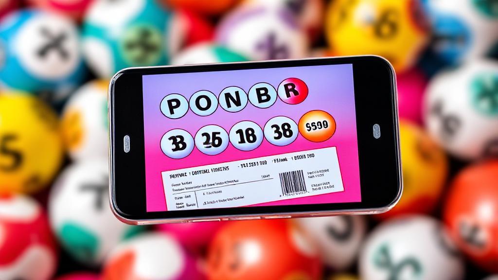 A vibrant image of a smartphone displaying a digital Powerball ticket with a background of colorful lottery balls.