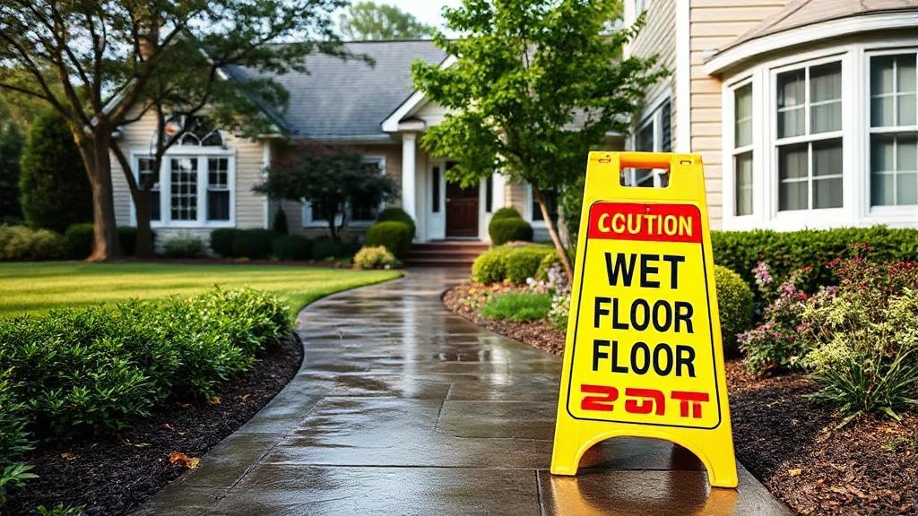 A serene suburban home with a "Caution: Wet Floor" sign on the front walkway, symbolizing awareness of property liability.
