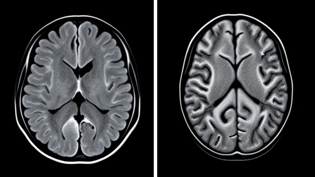 A split image contrasting a CT scan and an MRI of the brain, highlighting the differences in imaging techniques.