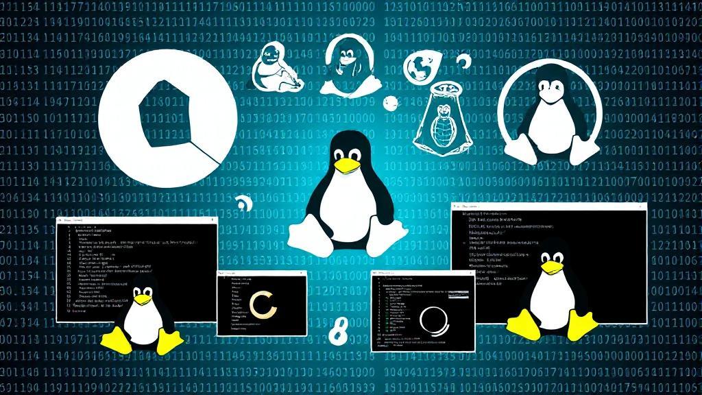 A dynamic collage of iconic Linux logos and terminal screens set against a backdrop of binary code.