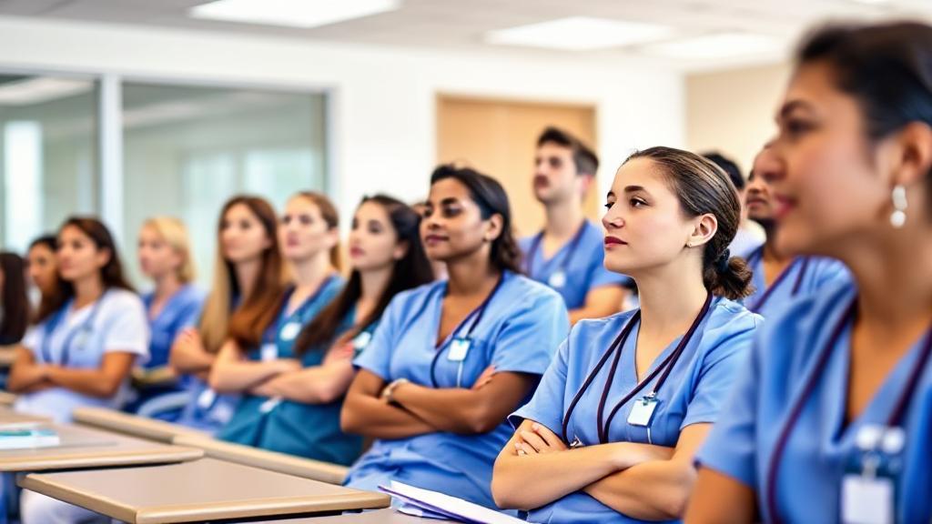 A diverse group of nursing students in scrubs attentively listening to a lecture in a bright, modern classroom.