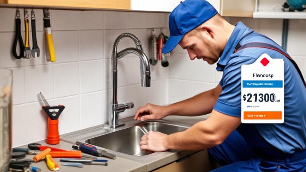 A header image featuring a plumber in uniform fixing a kitchen sink, surrounded by tools and a price tag graphic.