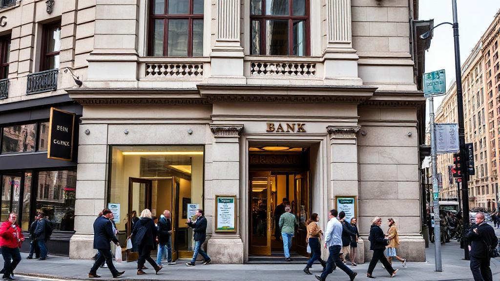 A bustling city street with a prominent bank building, its doors open and people entering and exiting.