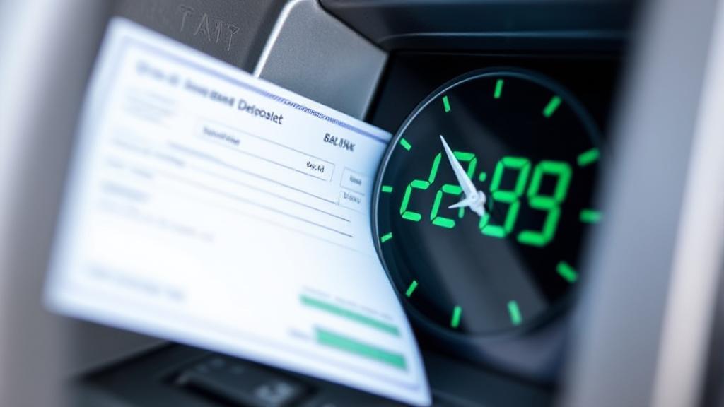 A close-up image of a bank check being deposited into an ATM, with a digital clock overlay showing the passage of time.