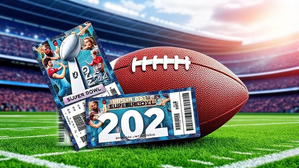 A vibrant collage of Super Bowl 2024 tickets, a football, and a stadium backdrop, capturing the excitement and anticipation of the big game.