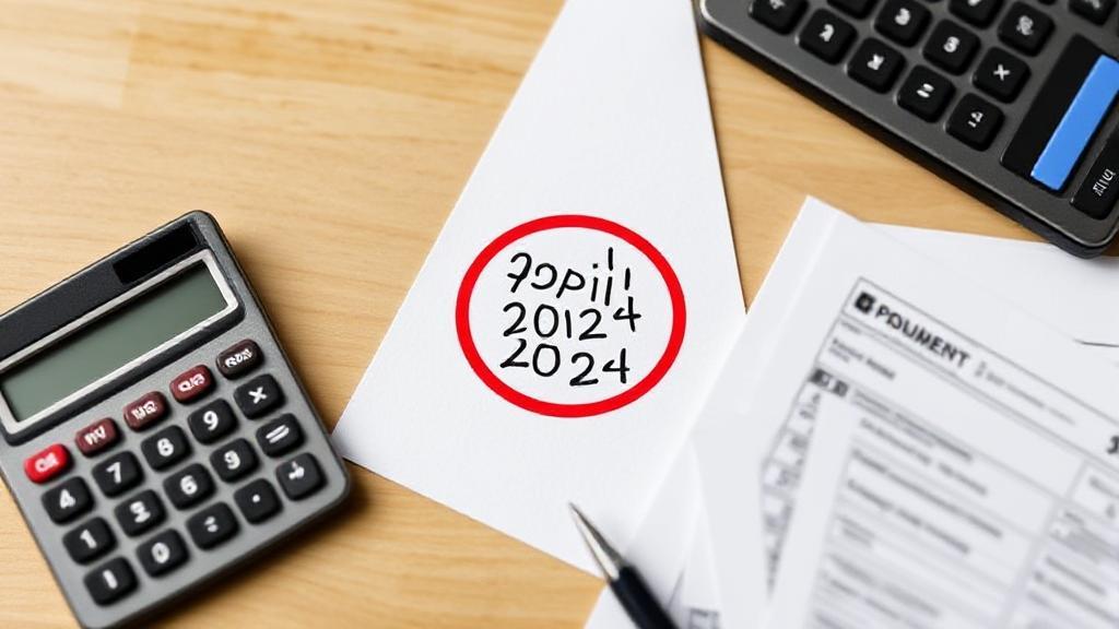 A calendar marked with a red circle around April 15th, 2024, alongside a calculator and a stack of tax forms.