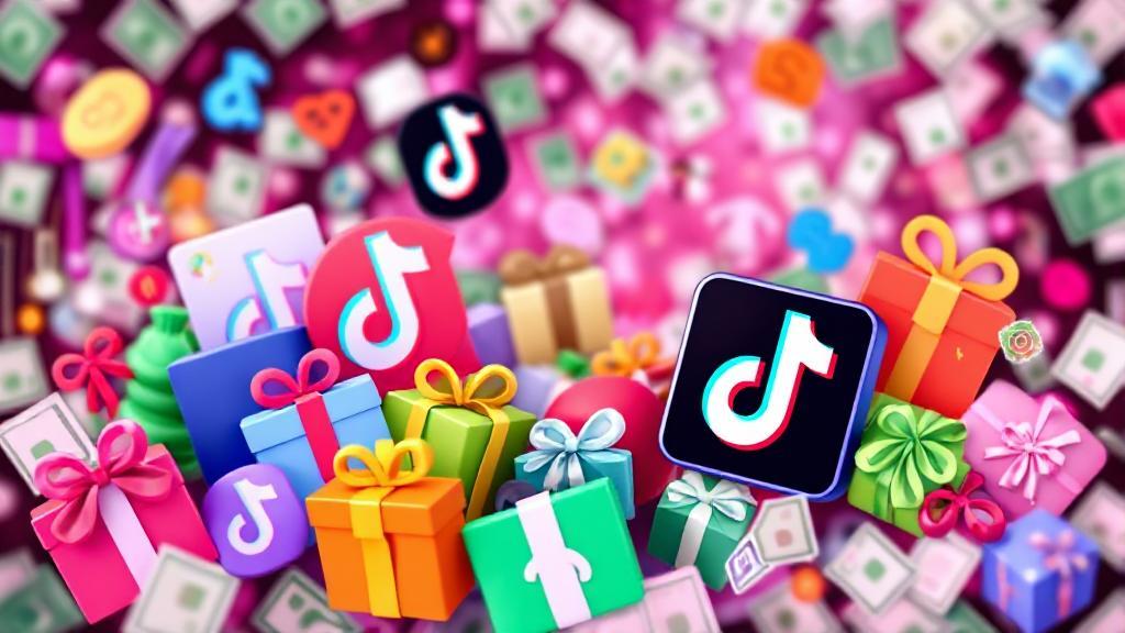 A vibrant collage of TikTok icons and virtual gift symbols, set against a backdrop of swirling digital currency, illustrating the dynamic exchange within the TikTok gifting ecosystem.