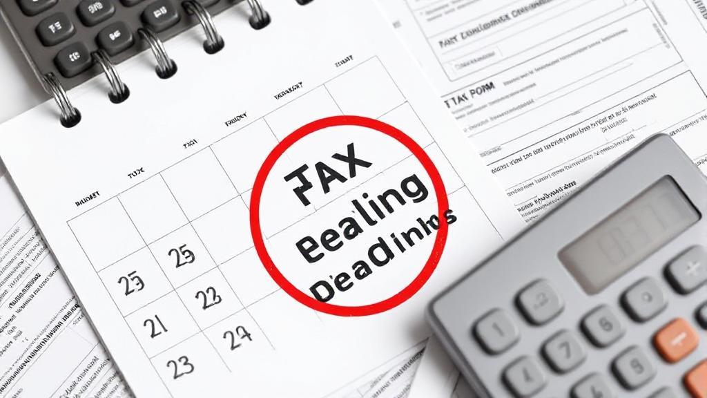 A calendar marked with a red circle around the tax filing deadline date, surrounded by tax forms and a calculator.