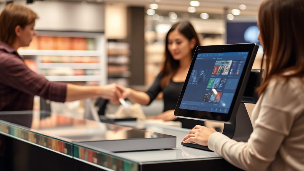A modern retail checkout counter featuring a sleek touchscreen POS system with a cashier assisting a customer.