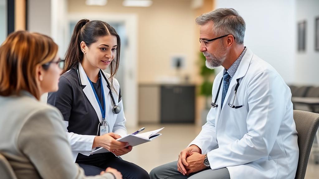 A medical assistant attentively taking notes while assisting a doctor during a patient consultation in a modern clinic setting.