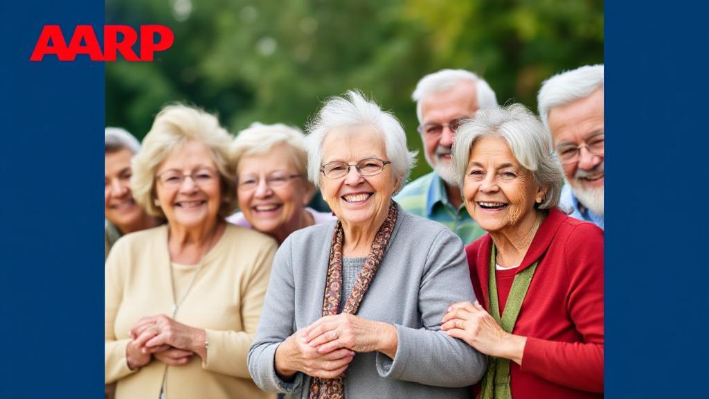 A diverse group of smiling seniors engaging in various activities, symbolizing the community and benefits of AARP membership.