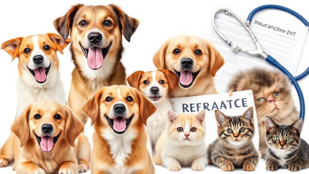 A collage of happy pets, including dogs and cats, with insurance documents and a stethoscope in the background.