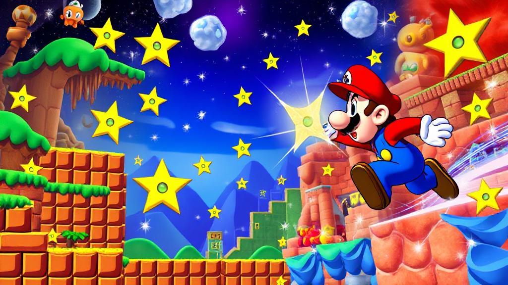 A vibrant collage of Mario leaping toward hidden Power Stars in iconic Super Mario 64 levels, with mysterious sparkles highlighting secret locations.