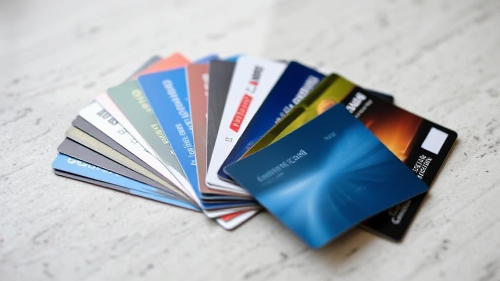 A thoughtful composition featuring a variety of credit cards fanned out on a table, symbolizing the decision-making process involved in choosing an additional card.