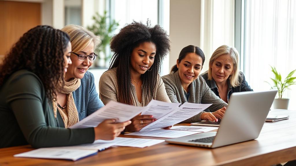 A diverse group of people reviewing health insurance documents and using a laptop at a table.