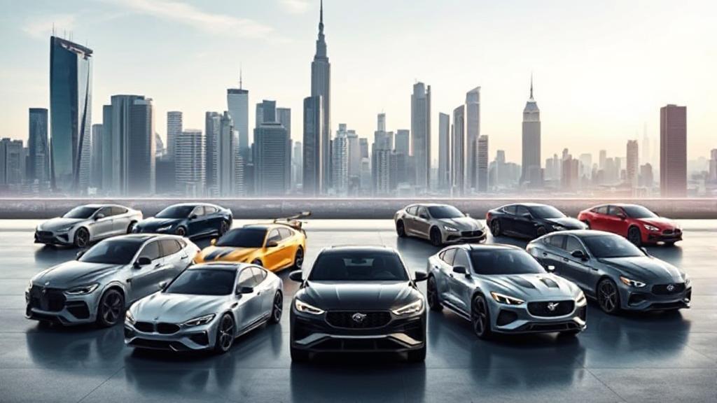 A sleek collage of various 2024 car models lined up against a futuristic cityscape backdrop.