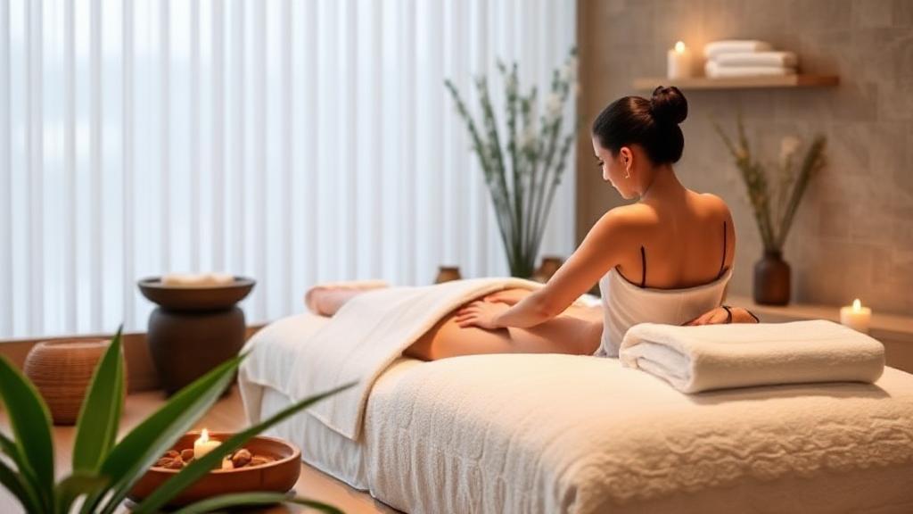 A serene spa setting with a massage therapist at work, surrounded by calming elements, symbolizing the profession's growth and earning potential in 2023.