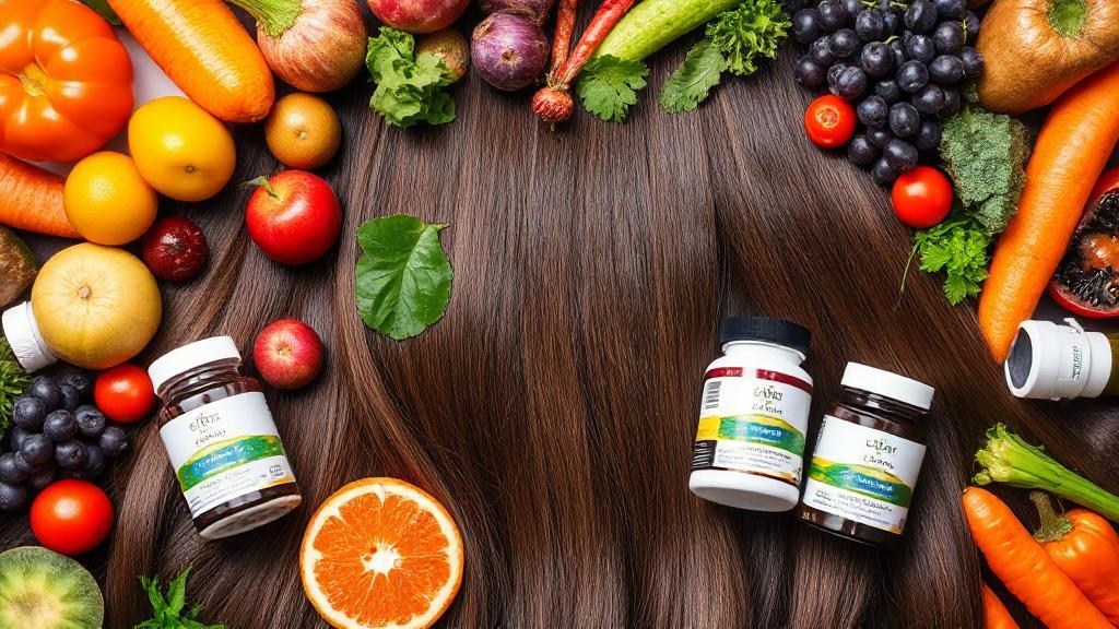 A vibrant assortment of fresh fruits, vegetables, and supplement bottles arranged around shiny, healthy hair strands.