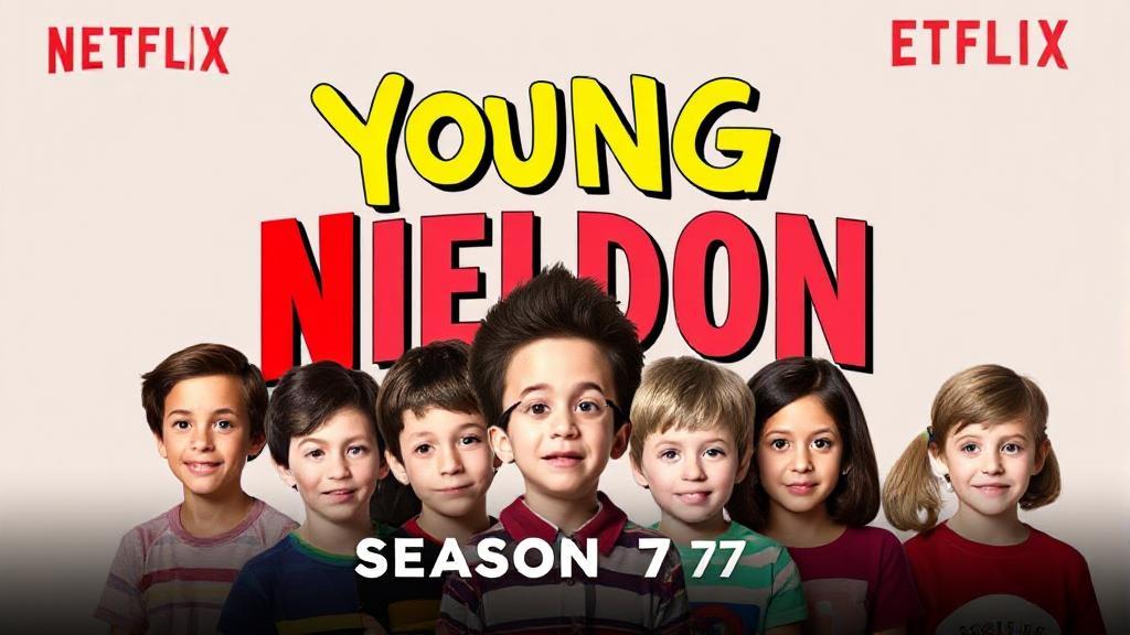 A vibrant collage featuring the young cast of "Young Sheldon" against a backdrop of the Netflix logo, hinting at the anticipated release of Season 7.