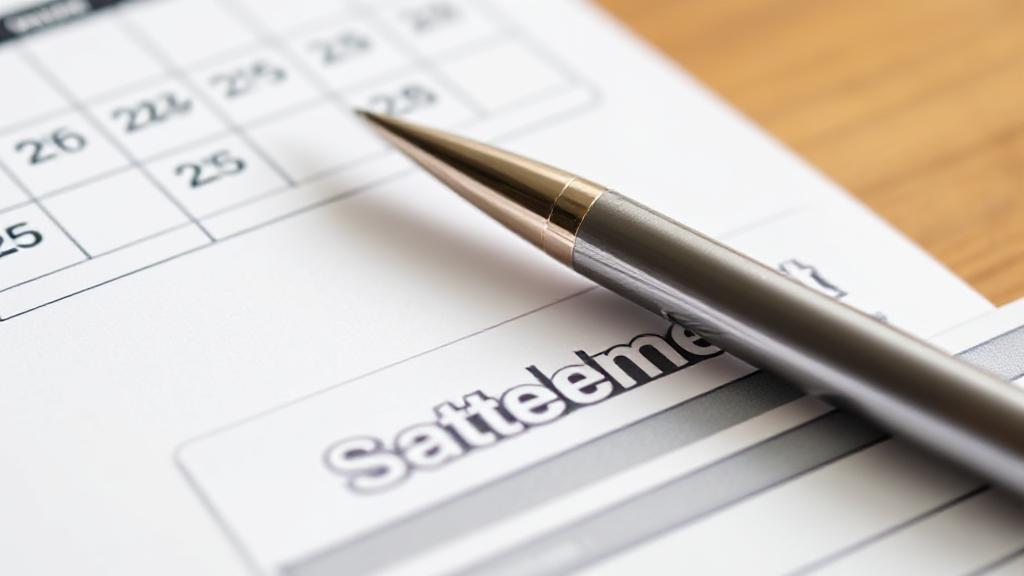 A close-up image of a calendar marked with key dates, a pen, and a settlement check partially visible, symbolizing the timeline of receiving a settlement check from a lawyer.