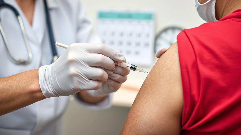 A close-up image of a healthcare professional administering a flu shot to a patient, with a calendar and clock in the background symbolizing the concept of time and effectiveness.