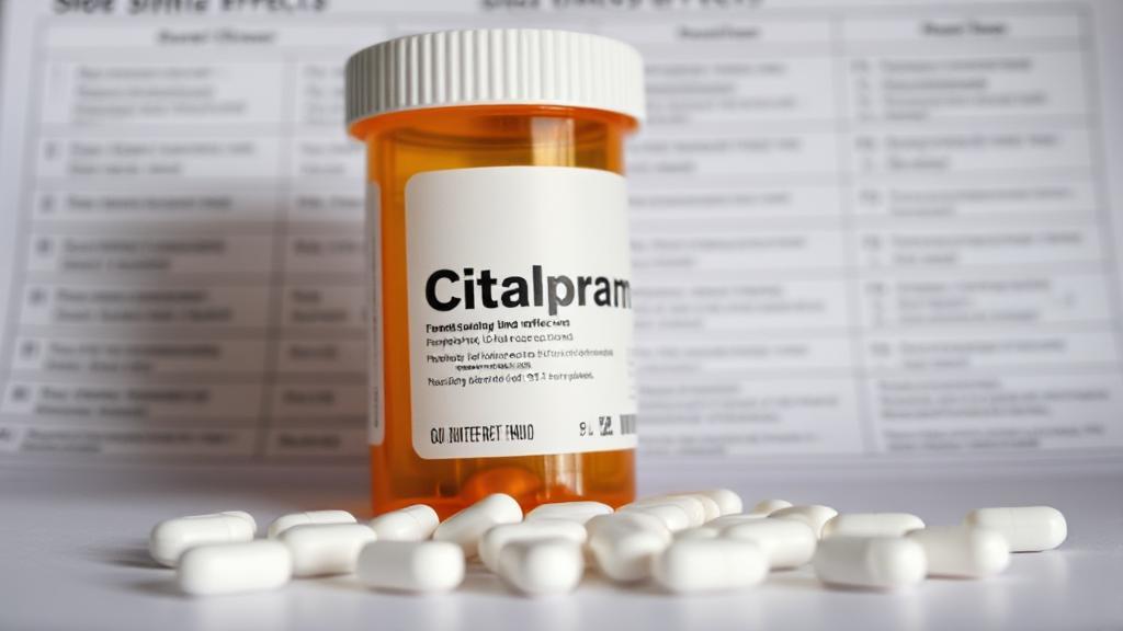 A close-up of a prescription bottle of Citalopram with scattered pills, set against a backdrop of a medical chart highlighting potential side effects.
