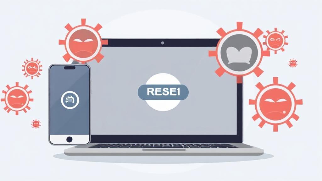 A digital illustration of a smartphone and laptop with a reset button, surrounded by virus icons being erased.