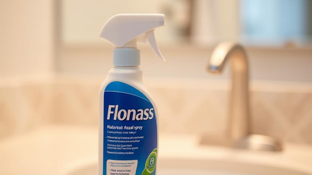 A close-up image of a Flonase nasal spray bottle against a soft, blurred background of a bathroom countertop.