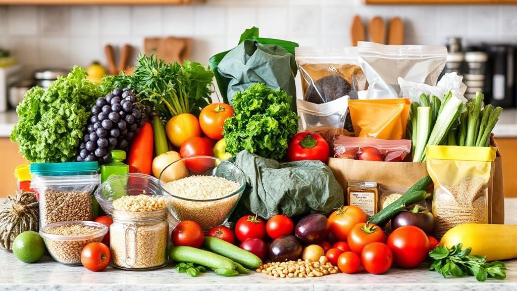 A colorful assortment of fresh produce, grains, and pantry staples arranged on a kitchen countertop, symbolizing a well-planned grocery budget.