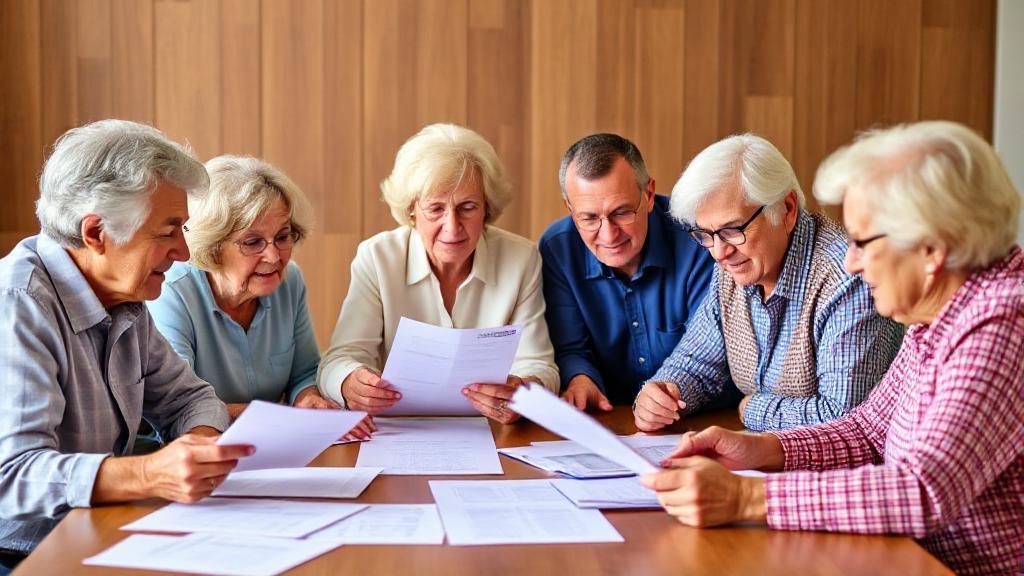 A diverse group of seniors reviewing documents and discussing options at a table, symbolizing the decision-making process for selecting a Medicare Advantage Plan.