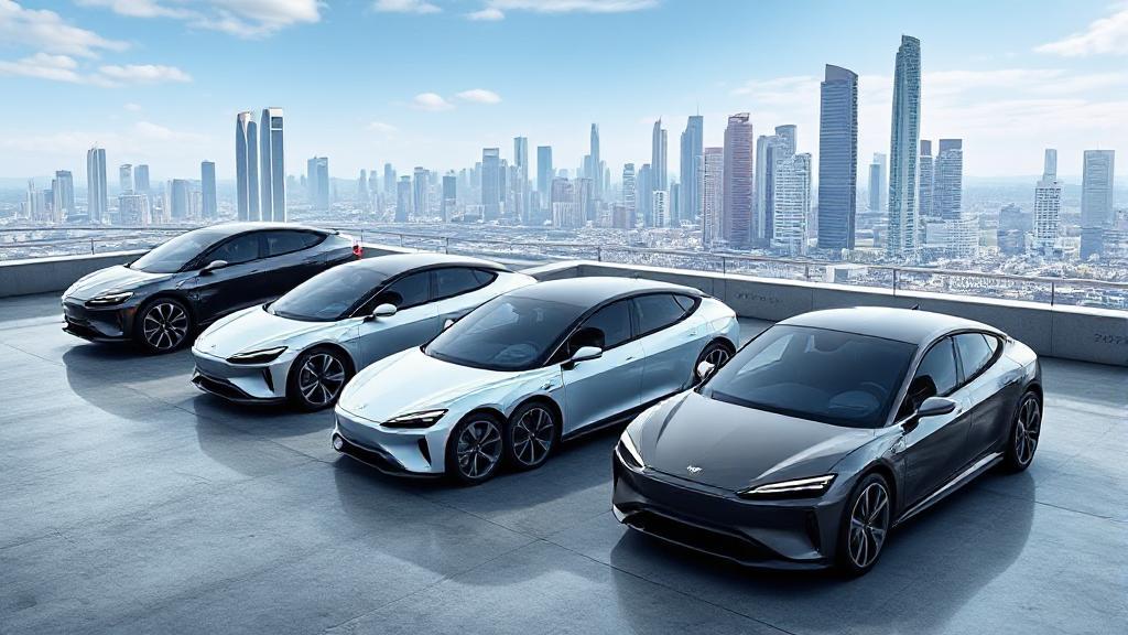 A sleek lineup of the latest electric cars of 2023, showcasing their modern designs and innovative features against a futuristic cityscape backdrop.