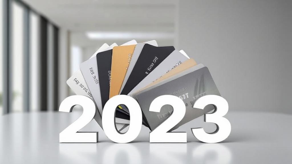 A sleek array of credit cards fanned out against a modern, minimalist background, symbolizing financial choice and sophistication for 2023.